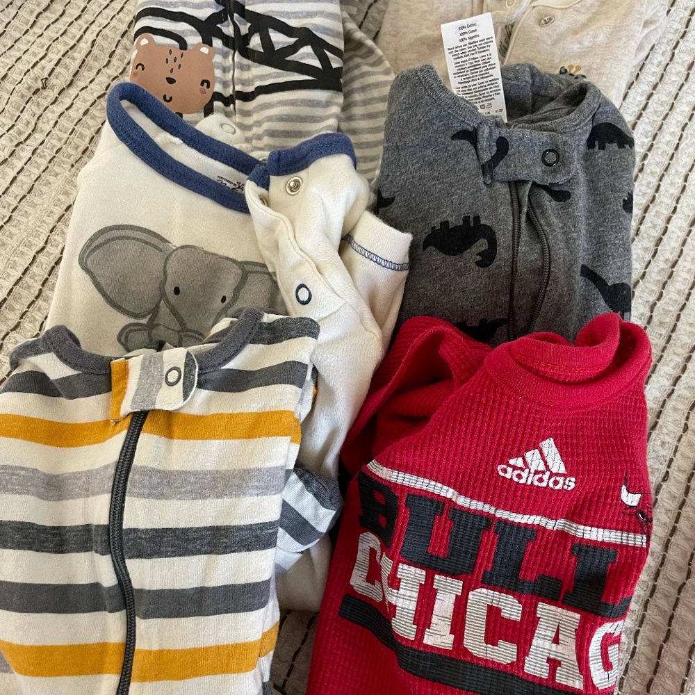 LOT OF 6 BABY BOY SIZE 0-3 MONTHS LONG SLEEVE ONE PIECE OUTFITS